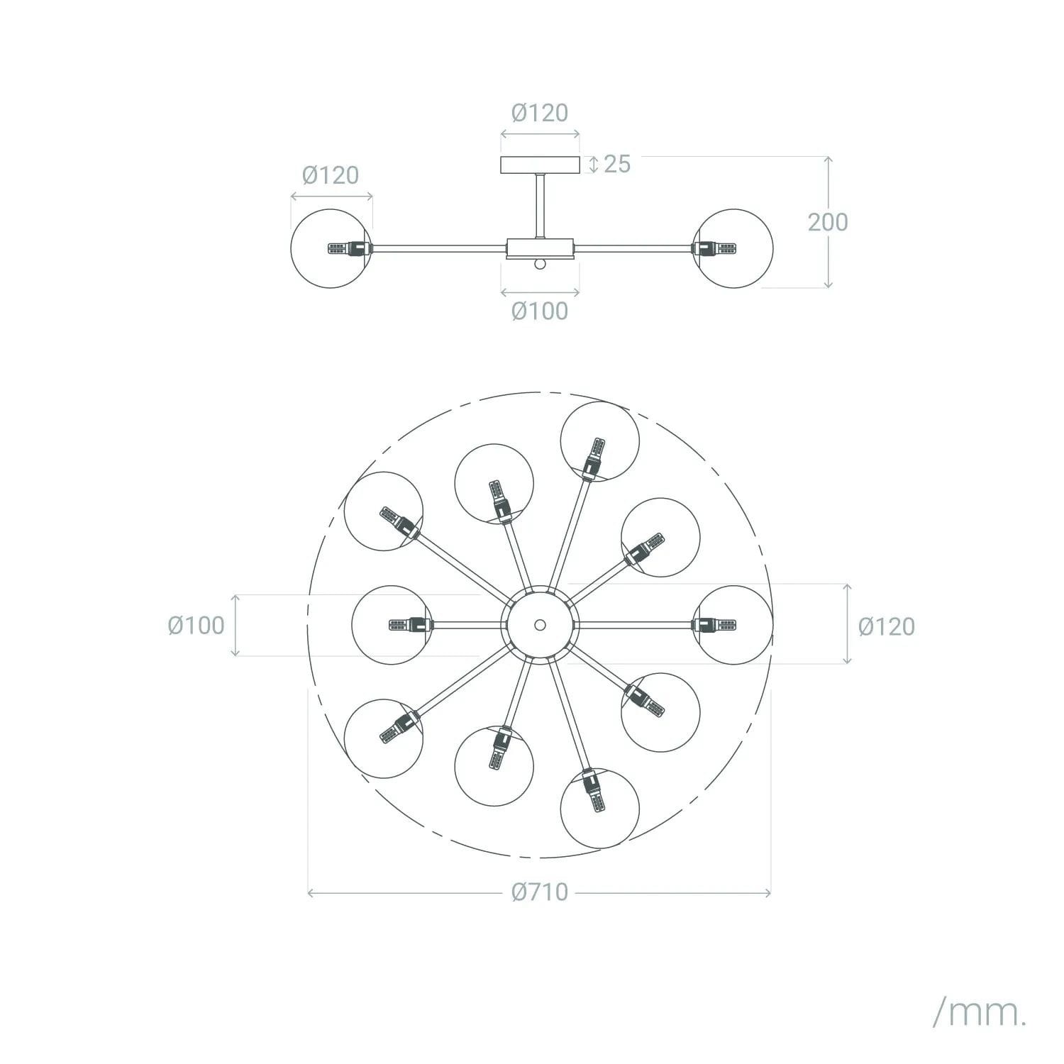 Lampa sufitowa Abruzzo-Milano w kolorze złotym, przeznaczona na 10 żarówek G9. Prezentuje okrągły kształt z rozłożonymi ramionami, o średnicy 710 mm. Wymiary mocowania: 100 mm. Widok z góry i z boku, pokazujący szczegóły konstrukcji.