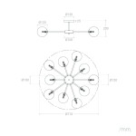 Lampa sufitowa Abruzzo-Milano w kolorze złotym, przeznaczona na 10 żarówek G9. Prezentuje okrągły kształt z rozłożonymi ramionami, o średnicy 710 mm. Wymiary mocowania: 100 mm. Widok z góry i z boku, pokazujący szczegóły konstrukcji.