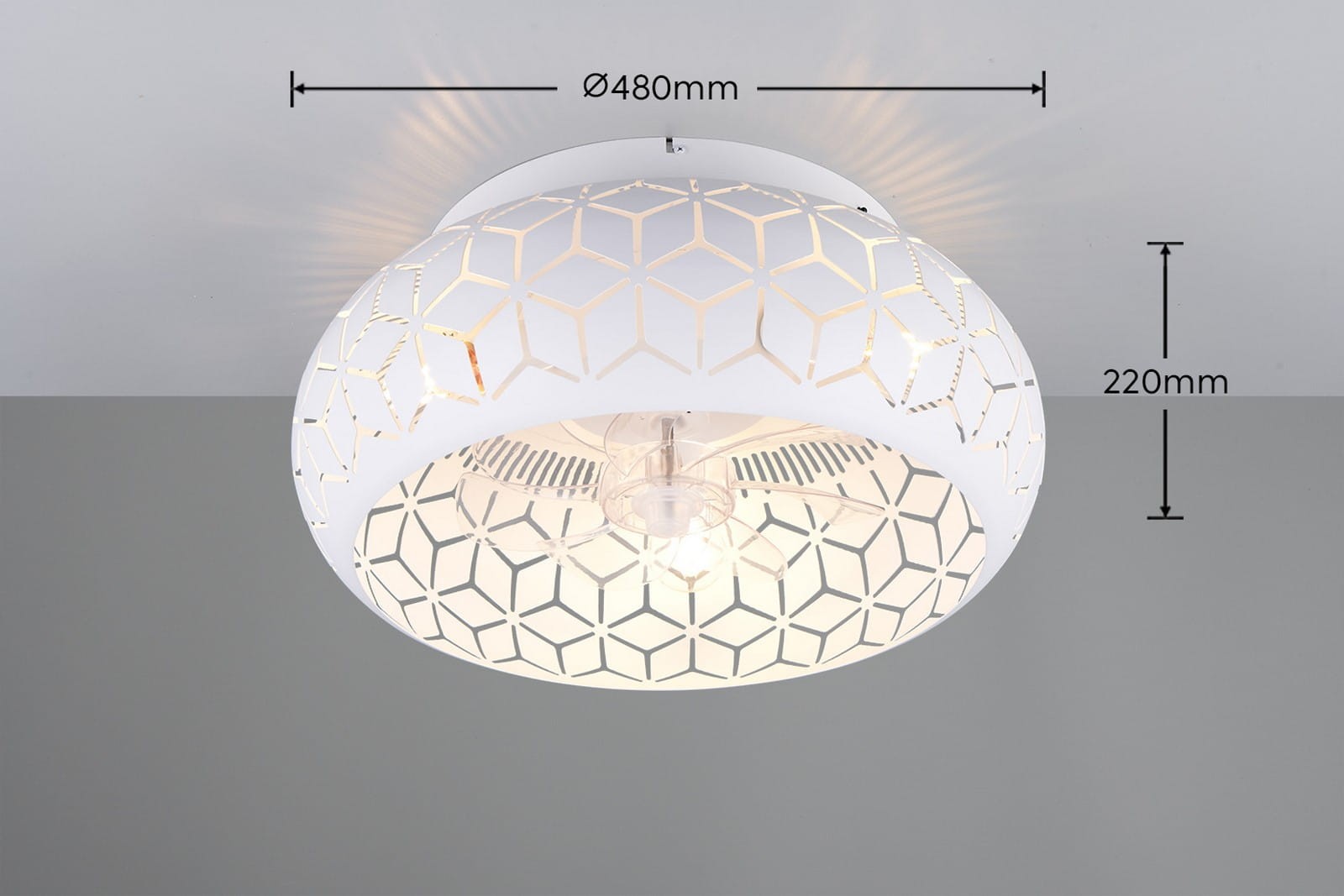 Lampa sufitowa Bidar z wentylatorem, kolor biały, o średnicy 480 mm i wysokości 220 mm. Posiada dekoracyjny klosz z wzorem heksagonalnym oraz miejsce na jedną żarówkę E27. Ujęcie z góry, pokazujące detale wzoru i wentylator wewnętrzny.