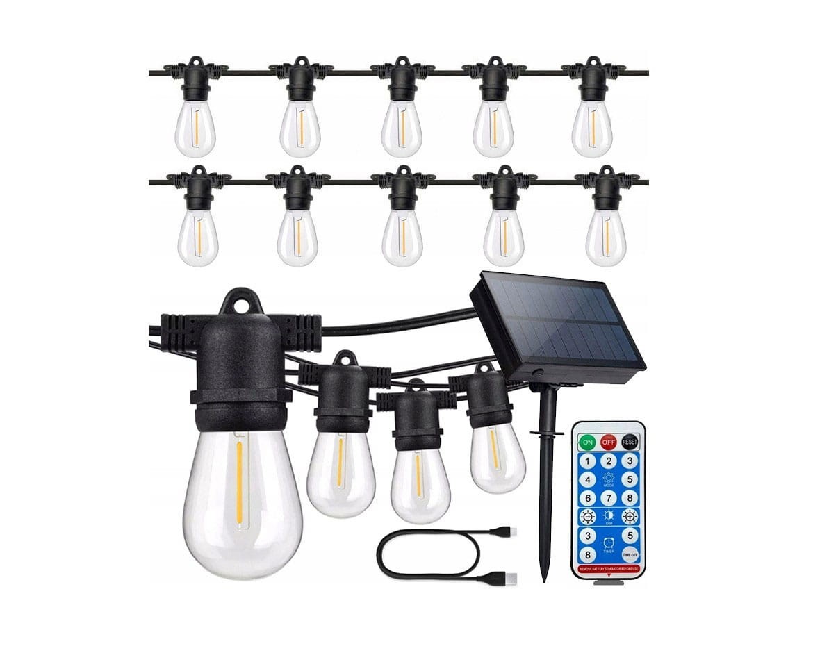Girlanda solarna o długości 20 m, czarna, z 20 żarówkami LED E27 1W. Widoczny panel solarny oraz pilot zdalnego sterowania. Żarówki w kształcie kulistym, zawieszone na czarnym przewodzie. Idealna do dekoracji na zewnątrz.