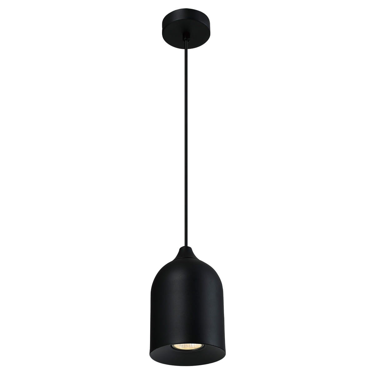 Lampa wisząca Nilo w kolorze czarnym z jedną oprawą GU10. Ma kształt stożkowaty, z matowym wykończeniem. Zawieszona na długim, cienkim przewodzie. Tło białe, co podkreśla minimalistyczny design lampy.