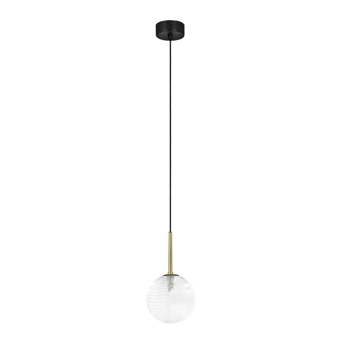 Lampa wisząca Aura z jedną oprawą G9, charakteryzująca się czarnym przewodem i metalowym uchwytem w kolorze złotym. Kula ze szkła transparentnego z teksturowaną powierzchnią, zawieszona na długim kablu. Tło białe, minimalistyczne.
