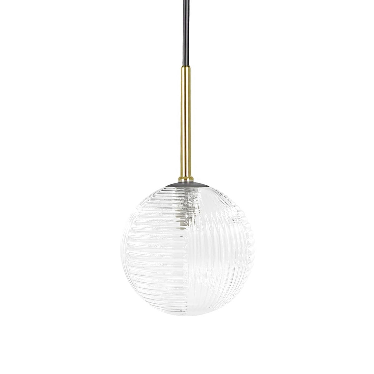 Lampa wisząca Aura 1xG9 w kolorze czarnym i transparentnym z okrągłym kloszem z teksturowanego szkła. Zawieszona na cienkim, czarnym przewodzie, z metalowym mocowaniem w kolorze złotym. Klosz ma wyraźne żłobienia, nadające elegancki wygląd.
