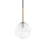 Lampa wisząca Aura 1xG9 w kolorze czarnym i transparentnym z okrągłym kloszem z teksturowanego szkła. Zawieszona na cienkim, czarnym przewodzie, z metalowym mocowaniem w kolorze złotym. Klosz ma wyraźne żłobienia, nadające elegancki wygląd.