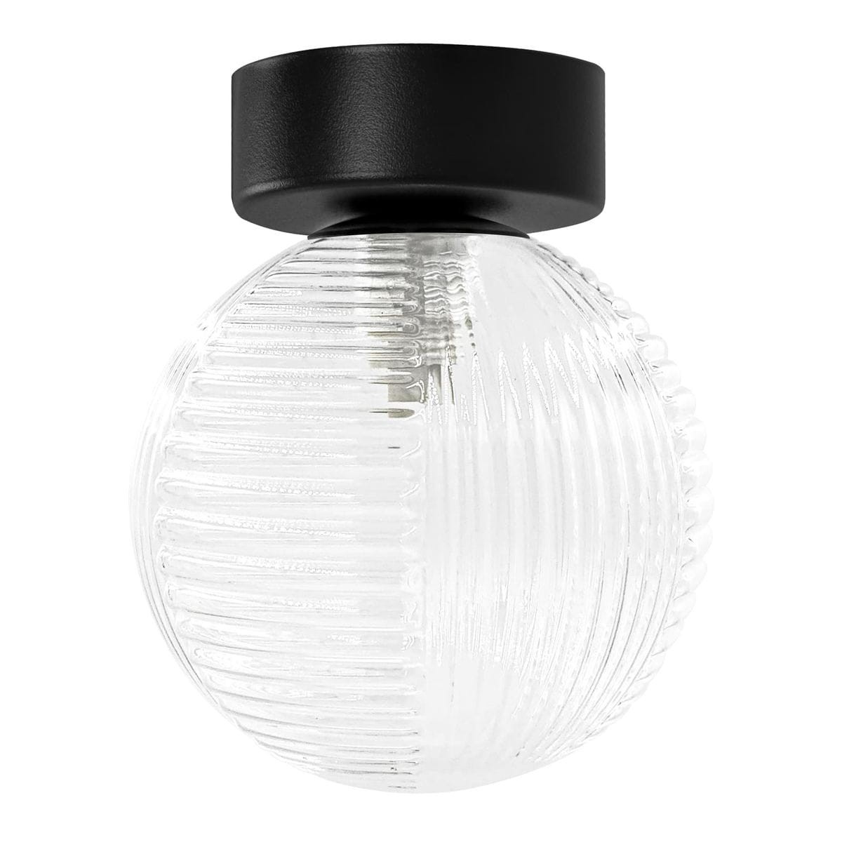 Czarna lampa sufitowa Aura z przezroczystym kloszem w kształcie kuli, z teksturowaną powierzchnią. Montowana na suficie, z widocznym gniazdem na żarówkę G9. Zbliżenie na detal, ukazujące rzeźbioną strukturę klosza.