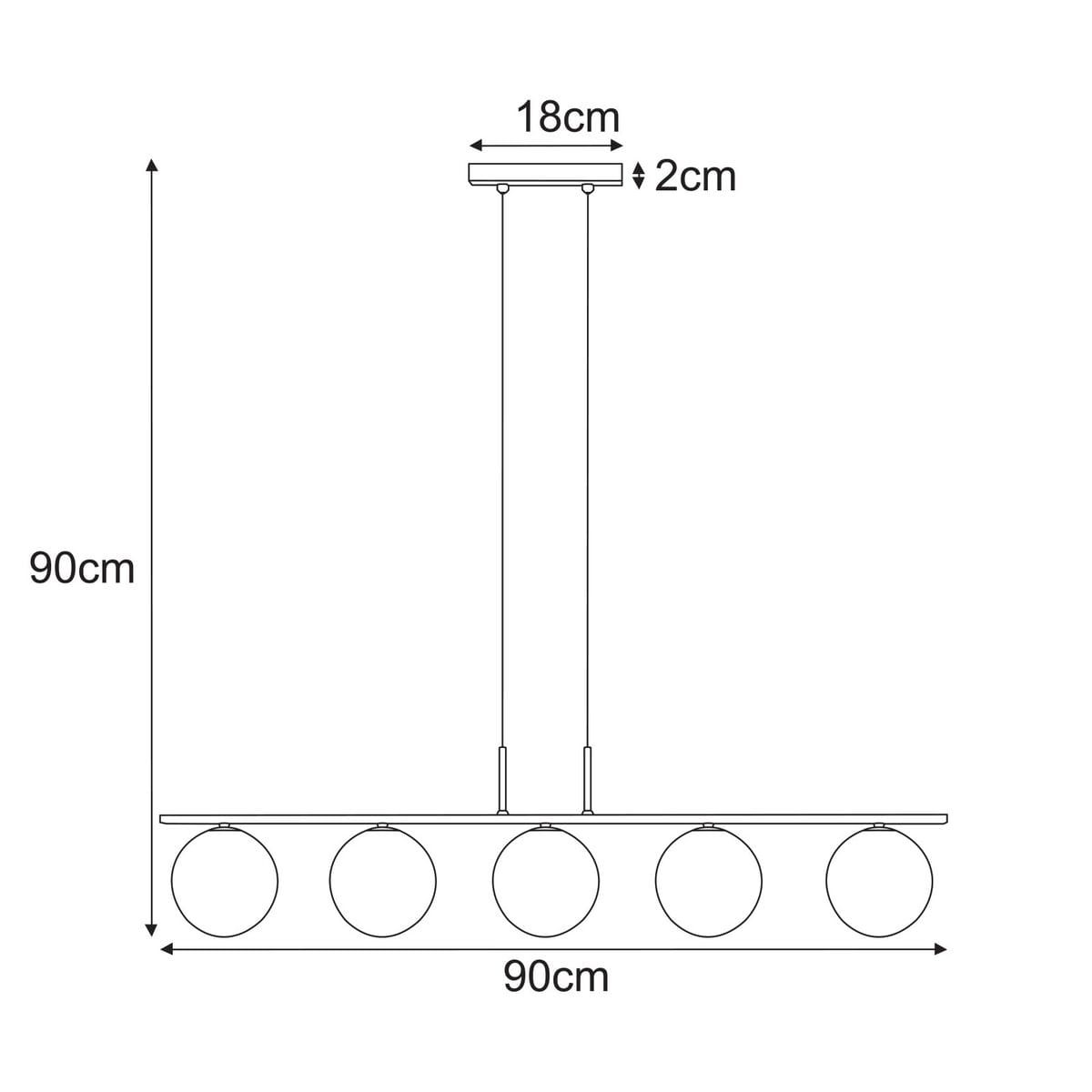 Lampa wisząca Aura z pięcioma kulistymi kloszami, czarna z transparentnymi detalami. Wymiary: długość 90 cm, wysokość 90 cm, średnica kloszy 18 cm. Montowana na prostokątnej podstawie.