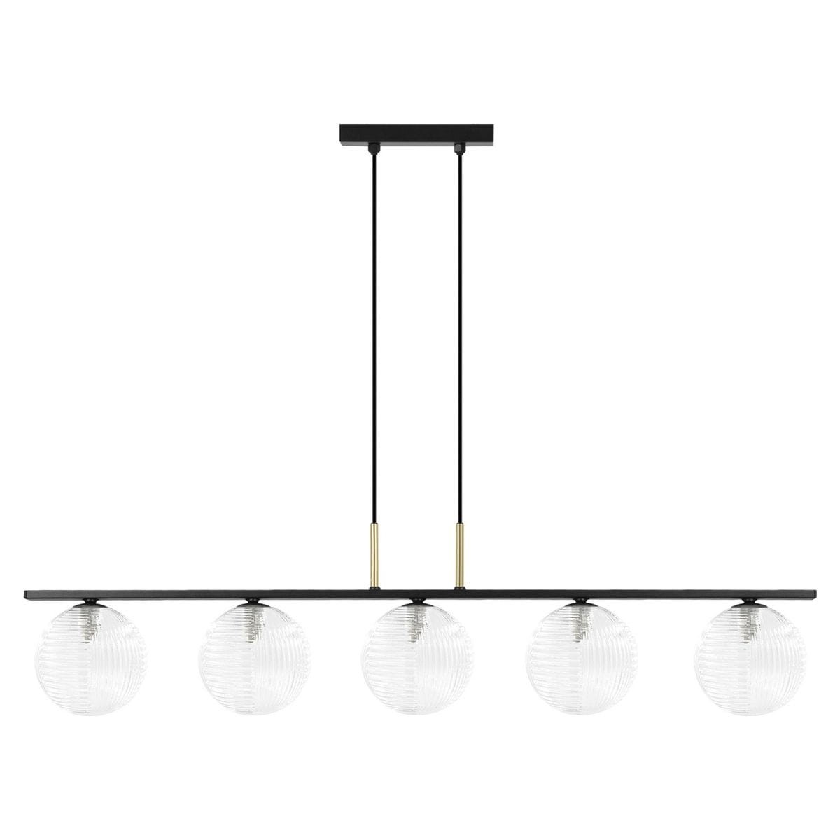 Lampa wisząca Aura z pięcioma oprawami G9, w kolorze czarnym i transparentnym. Okrągłe, prążkowane klosze szklane zawieszone na prostokątnej, czarnej podstawie. Dwie cienkie, czarne linki mocujące. Minimalistyczny design, idealna do nowoczesnych wnętrz.