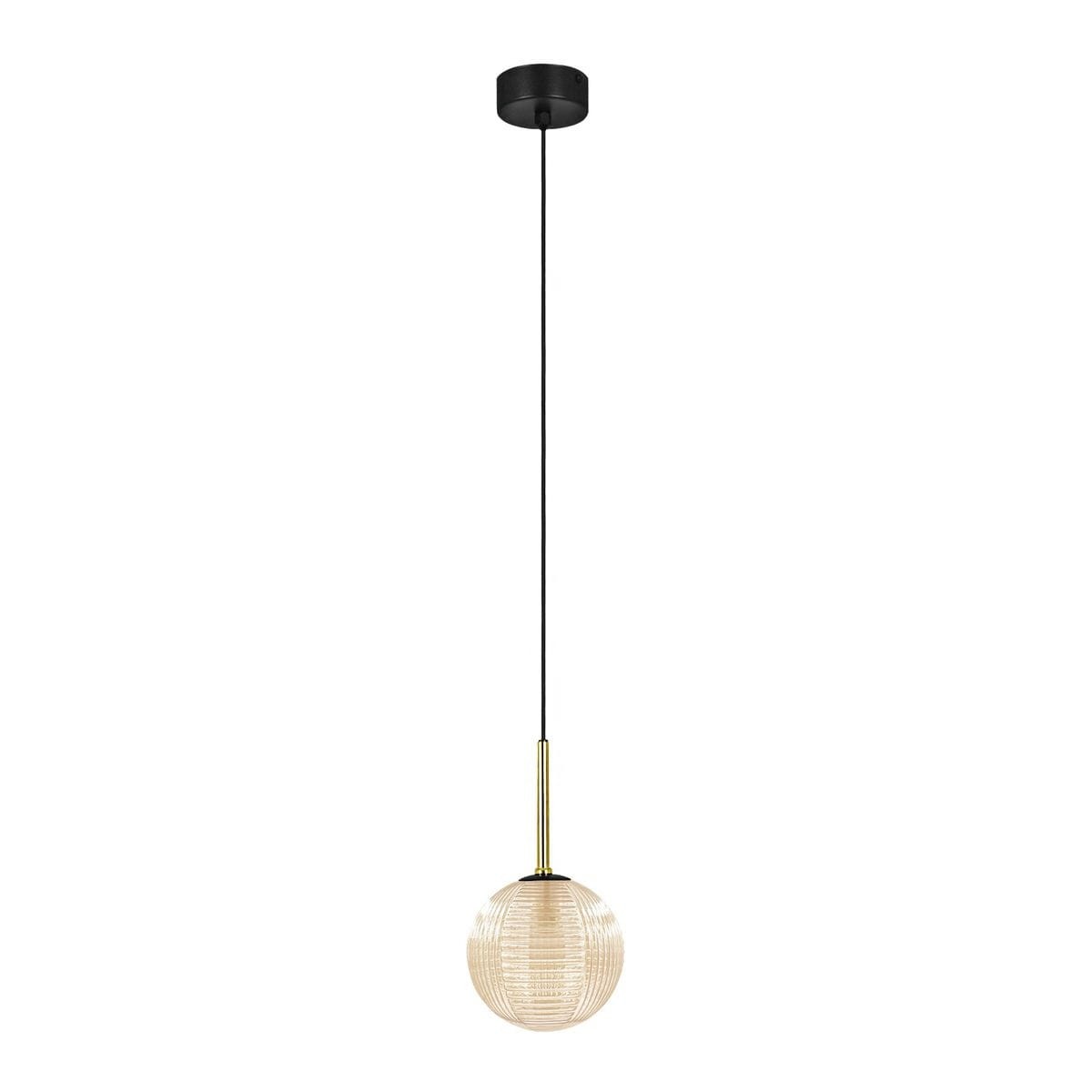 Lampa wisząca Giro z jedną żarówką G9, czarna oprawa z metalowym wykończeniem, zawieszenie na cienkim kablu. Bursztynowa, okrągła klosz z teksturowanego szkła, wiszący w centralnej pozycji, na jednolitym tle.