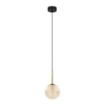 Lampa wisząca Giro z jedną żarówką G9, czarna oprawa z metalowym wykończeniem, zawieszenie na cienkim kablu. Bursztynowa, okrągła klosz z teksturowanego szkła, wiszący w centralnej pozycji, na jednolitym tle.