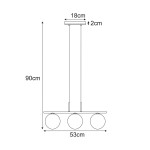 Lampa wisząca Giro 3xG9 w kolorze czarnym z bursztynowymi kloszami, z trzymaniem na trzech okrągłych żarówkach. Wymiary: wysokość 90 cm, długość 53 cm, szerokość 18 cm. Zawieszona na cienkich linkach.