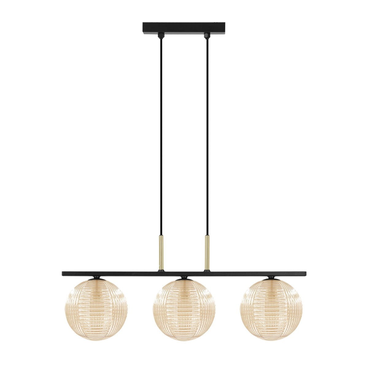 Lampa wisząca Giro z trzema żarówkami G9, czarna konstrukcja z metalowym stelażem, zawieszona na dwóch linkach. Szklane klosze w bursztynowym kolorze, o okrągłym kształcie z teksturowaną powierzchnią. Idealna do nowoczesnych wnętrz.