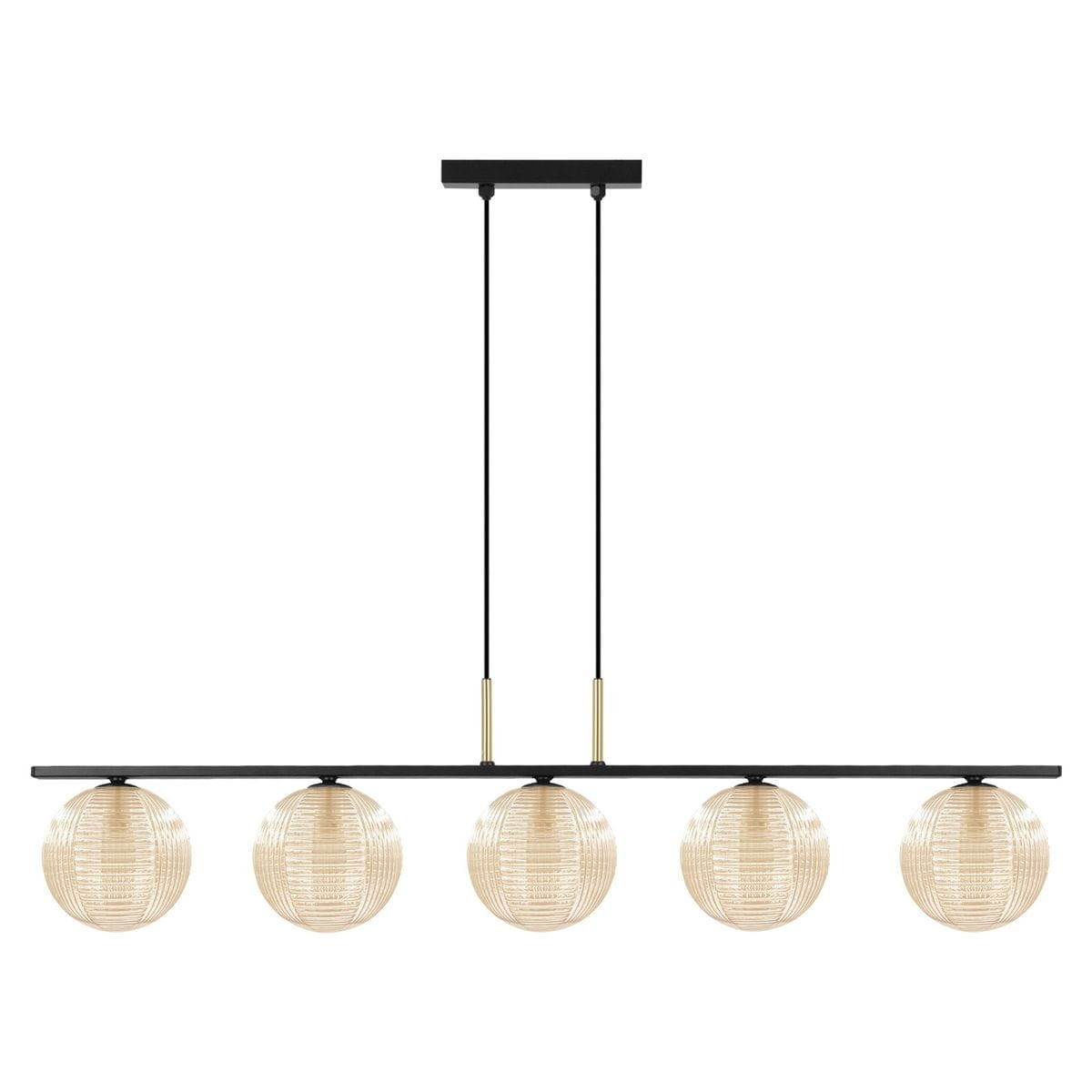 Lampa wisząca Giro z pięcioma kulistymi kloszami w kolorze bursztynowym, zawieszona na prostokątnej, czarnej podstawie. Klosze mają teksturowaną powierzchnię i są umieszczone na dwóch cienkich linkach. Wykończenie z elementami w kolorze złotym.