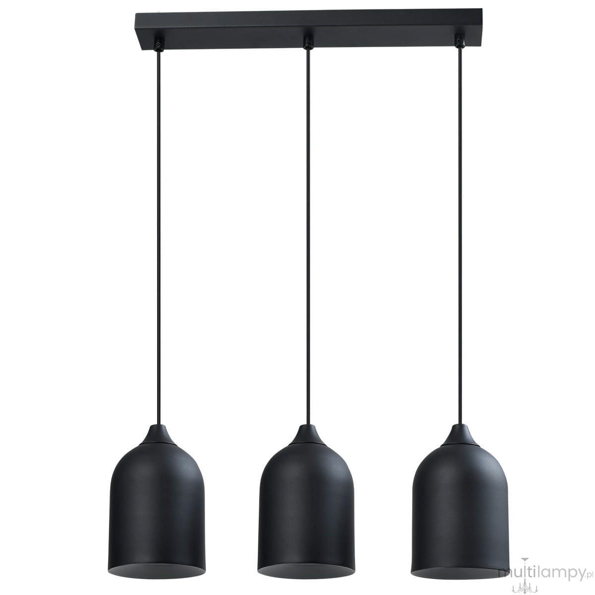 Lampa wisząca Nilo 3xGU10 w kolorze czarnym, z trzema okrągłymi kloszami o matowej fakturze, zawieszona na cienkich linkach. Utrzymana w minimalistycznym stylu, montowana na prostokątnej podstawie.