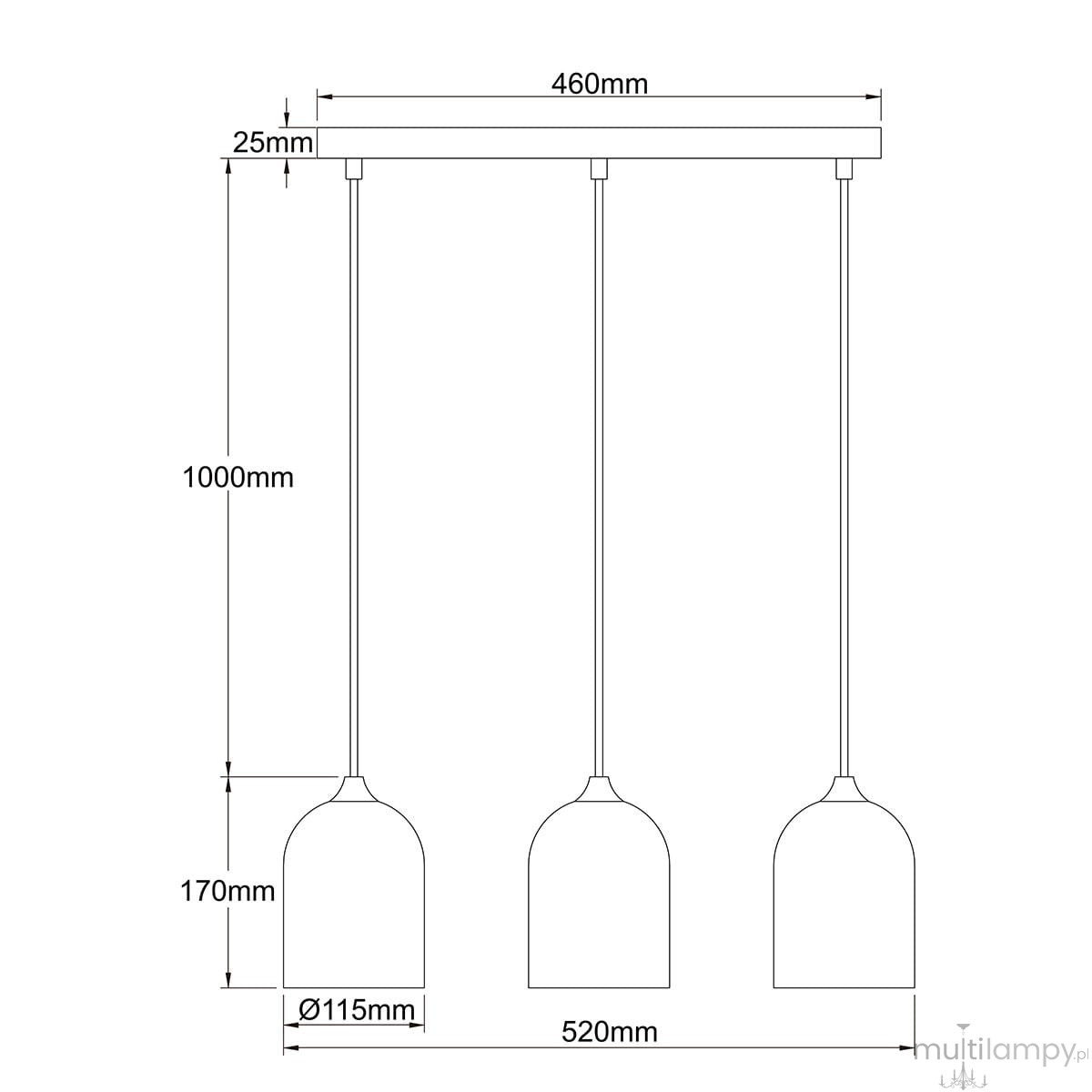 Lampa wisząca Nilo 3xGU10 w kolorze czarnym z trzema kloszami o średnicy 115 mm. Wymiary: długość 1000 mm, szerokość 460 mm. Klosze mają kształt stożka, zawieszone na cienkich linkach, idealna do nowoczesnych wnętrz.