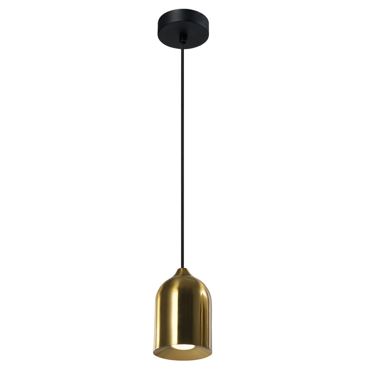 Lampa wisząca Nilo w kolorze złotym, z metalowym kloszem w kształcie dzwonu, zawieszona na czarnym przewodzie. Posiada oprawkę na żarówkę GU10. Wisi w pozycji pionowej, na jednolitym, jasnym tle.