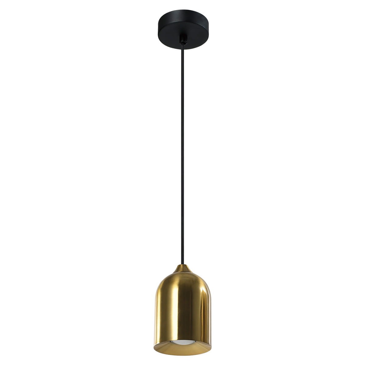Lampa wisząca Nilo LP-0110/1P GD z metalowym kloszem w kolorze złotym, zawieszona na czarnym przewodzie. Kształt klosza cylindryczny, z otwartym spodem. Prosta konstrukcja, idealna do nowoczesnych wnętrz.