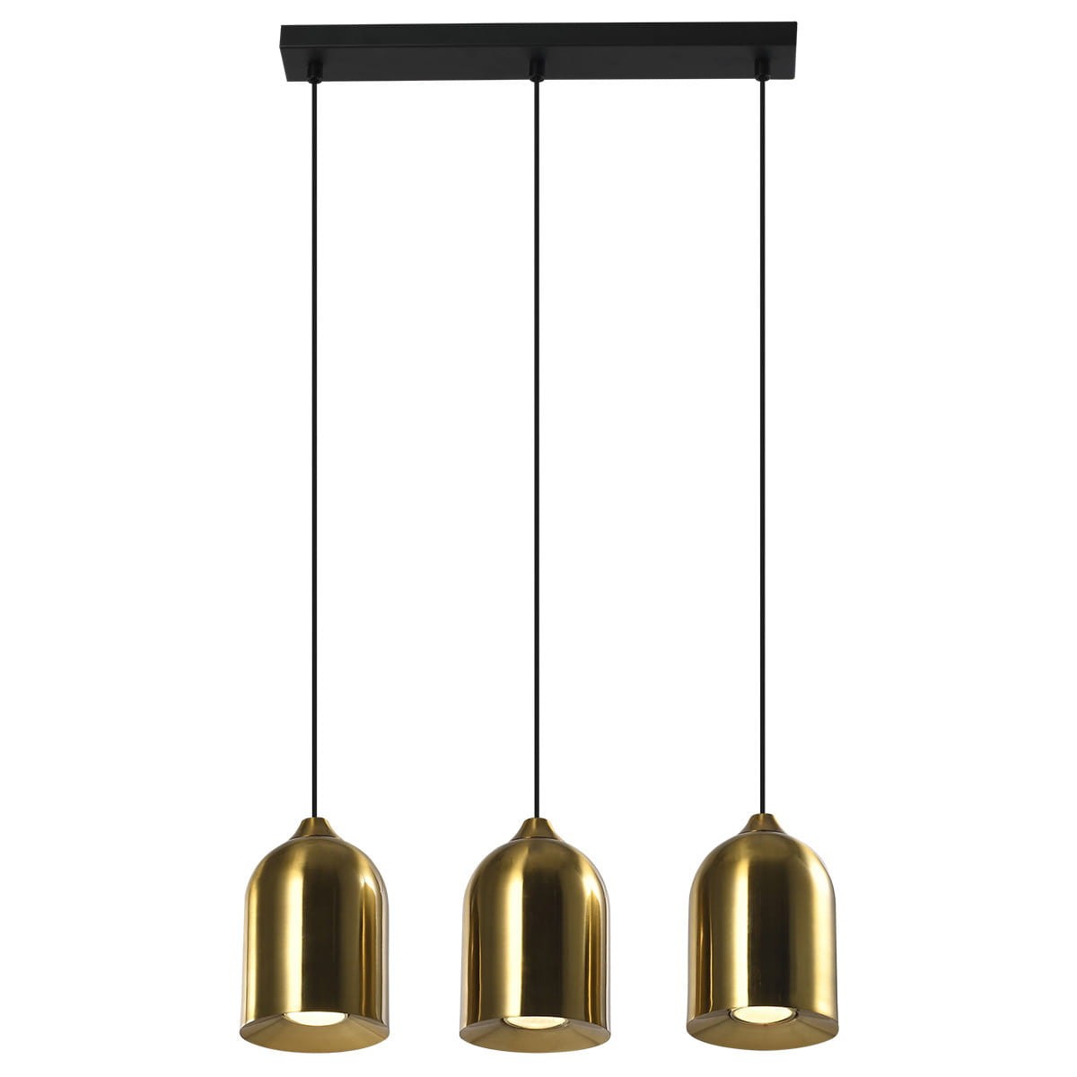 Lampa wisząca Nilo 3xGU10 w kolorze złotym. Posiada trzy metalowe klosze o zaokrąglonym kształcie, zawieszone na czarnych przewodach. Montowana na prostokątnej, czarnej podsufitce. Idealna do nowoczesnych wnętrz.