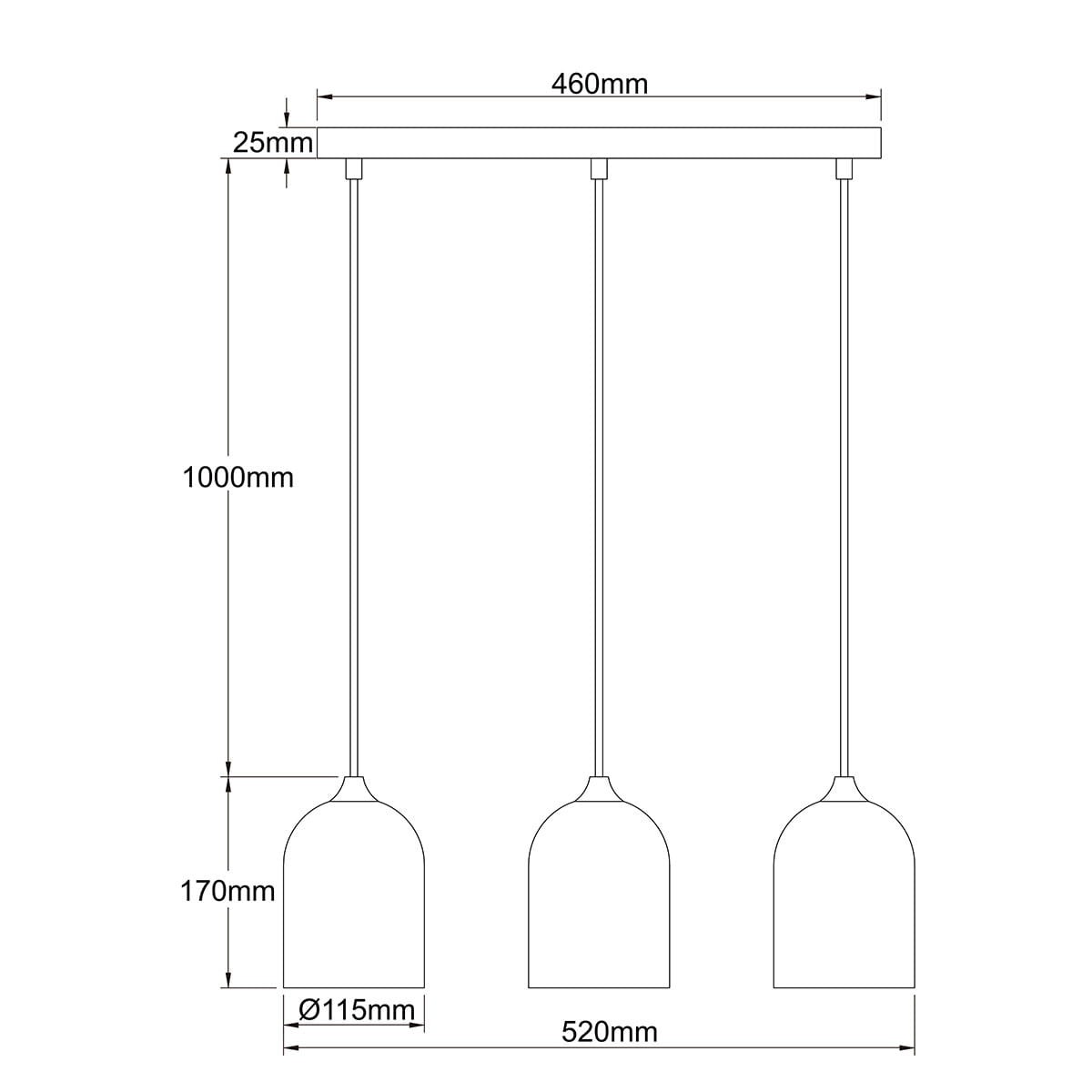 Lampa wisząca Nilo 3xGU10 w kolorze złotym o wymiarach 460 mm szerokości i 1000 mm długości. Posiada trzy klosze w kształcie dzwonu o średnicy 115 mm, zawieszone na cienkich linkach. Prosty, nowoczesny design.