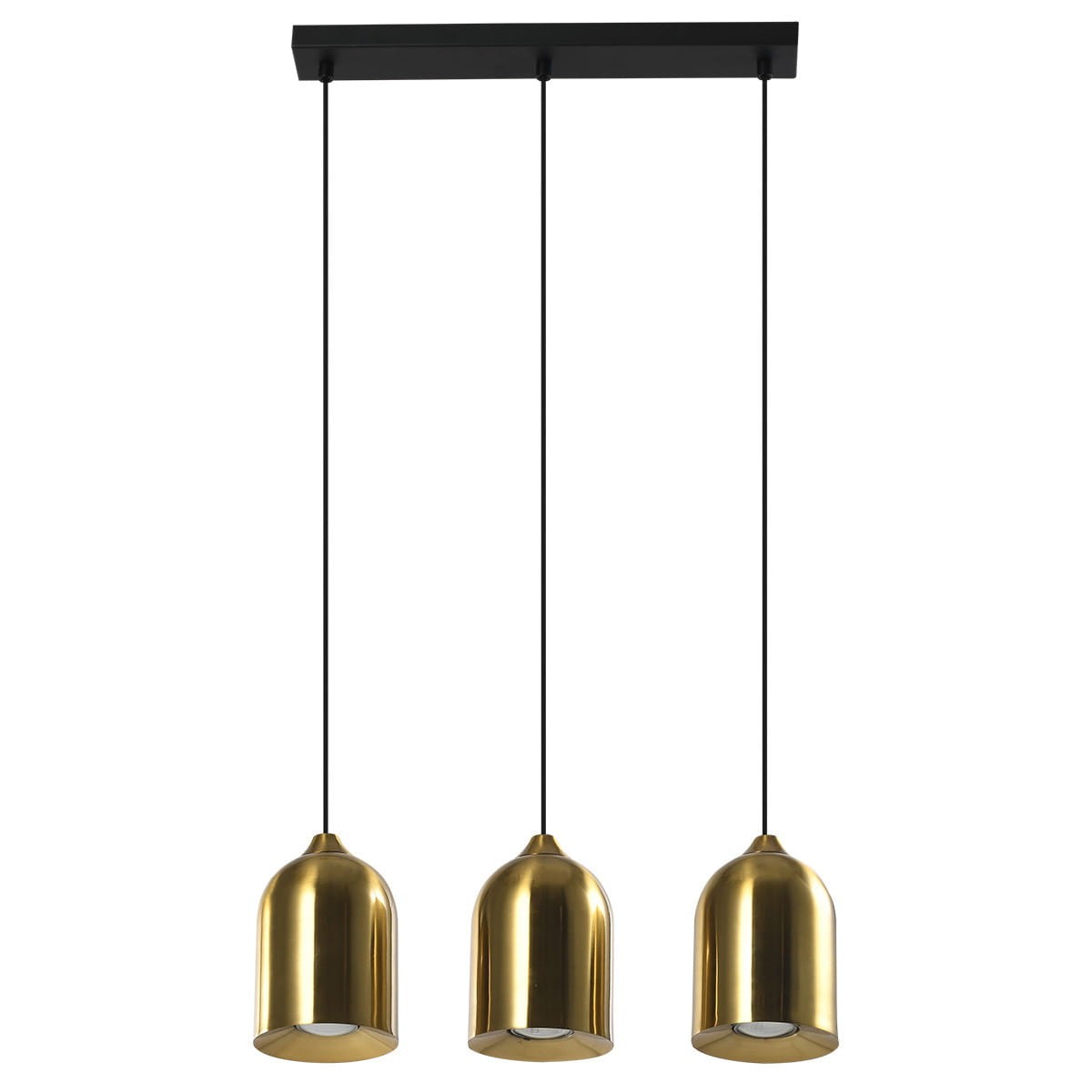 Lampa wisząca Nilo z trzema kloszami w kolorze złotym, zawieszona na czarnych przewodach. Klosze mają kształt dzwonu, a całość zamontowana na prostokątnej, czarnej podstawie sufitowej. Idealna do nowoczesnych wnętrz.