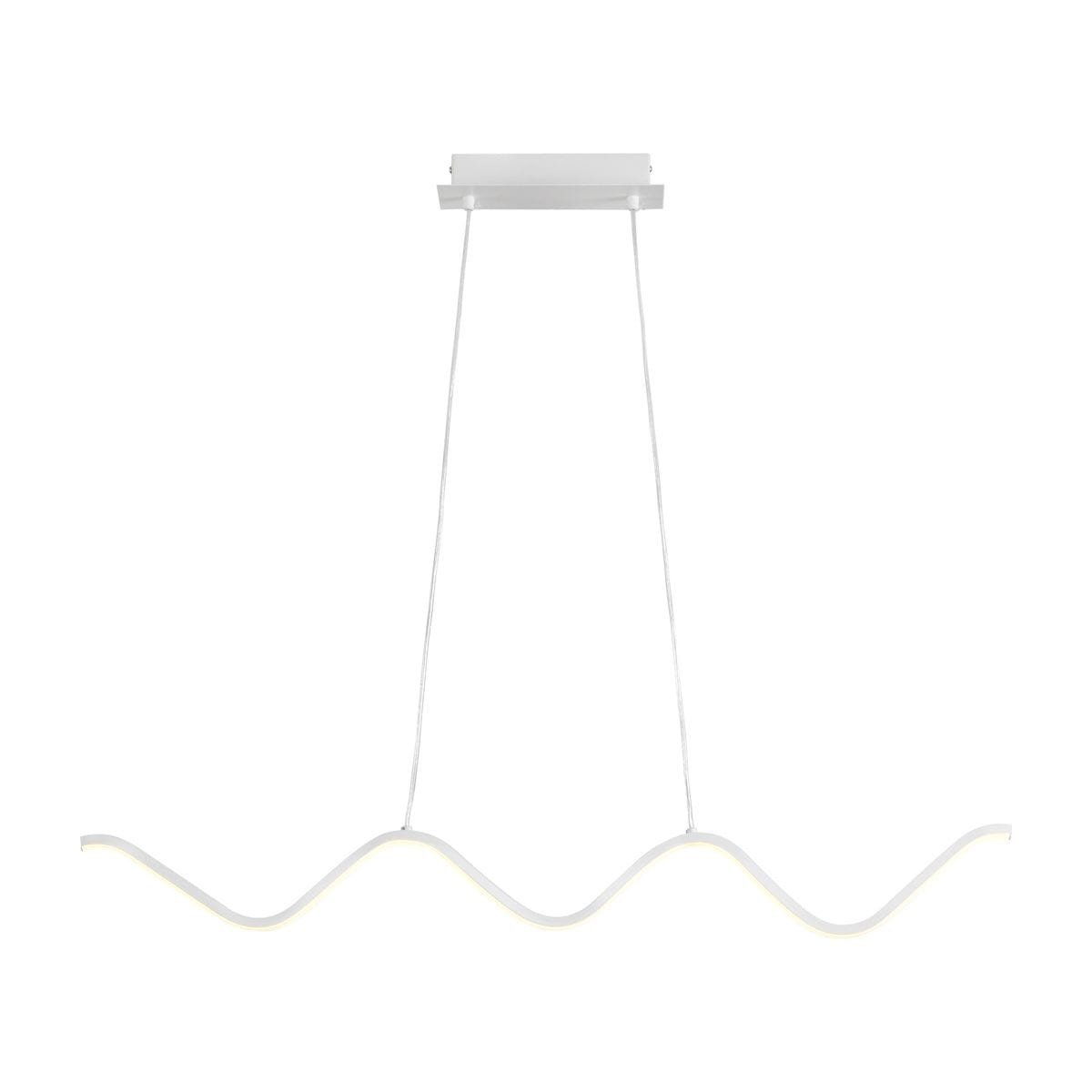Lampa wisząca LED Zigzag o mocy 13W, w kolorze białym. Ma falisty kształt, zawieszona na dwóch cienkich linkach, z prostokątnym mocowaniem sufitowym. Elementy oświetleniowe są ukryte, emitując miękkie światło.