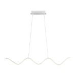 Lampa wisząca LED Zigzag o mocy 13W, w kolorze białym. Ma falisty kształt, zawieszona na dwóch cienkich linkach, z prostokątnym mocowaniem sufitowym. Elementy oświetleniowe są ukryte, emitując miękkie światło.