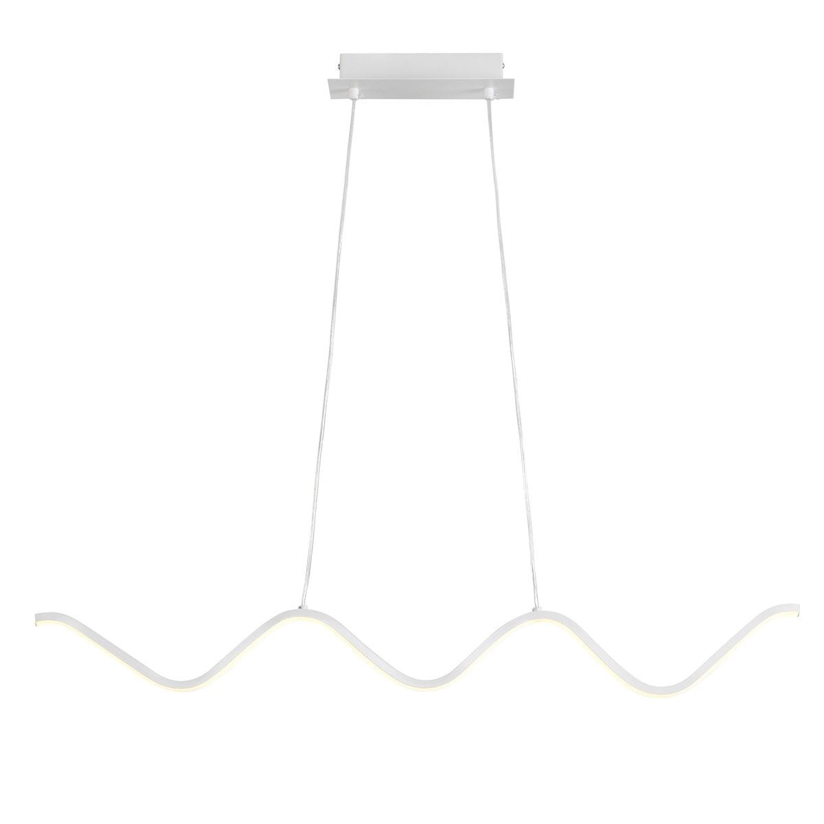 Lampa wisząca LED Zigzag o mocy 13W w kolorze białym, z falistym kształtem. Zawieszona na dwóch linkach, z prostokątną podstawą sufitową. Nowoczesny design, idealna do aranżacji wnętrz.