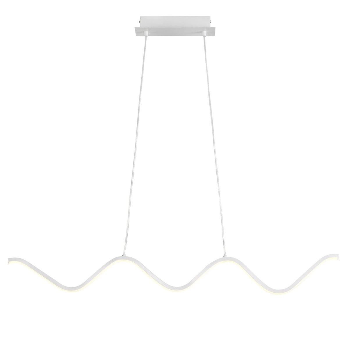 Lampa wisząca LED Zigzag o mocy 13W w białym kolorze. Posiada falisty kształt z delikatnym, wbudowanym oświetleniem, zawieszona na dwóch cienkich linkach. Montaż sufitowy na prostokątnej podstawie. Tło proste, białe.