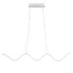 Lampa wisząca LED Zigzag o mocy 13W w białym kolorze. Posiada falisty kształt z delikatnym, wbudowanym oświetleniem, zawieszona na dwóch cienkich linkach. Montaż sufitowy na prostokątnej podstawie. Tło proste, białe.