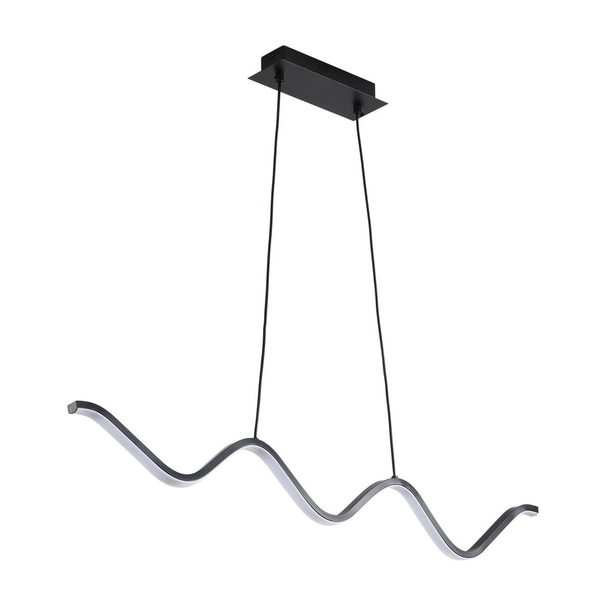 Czarna lampa wisząca LED Zigzag o mocy 13W, zawieszona na dwóch cienkich linkach. Ma falisty kształt, wykonana z metalu. Montaż sufitowy z prostokątną podstawą. Produkt na jednolitym, jasnym tle.