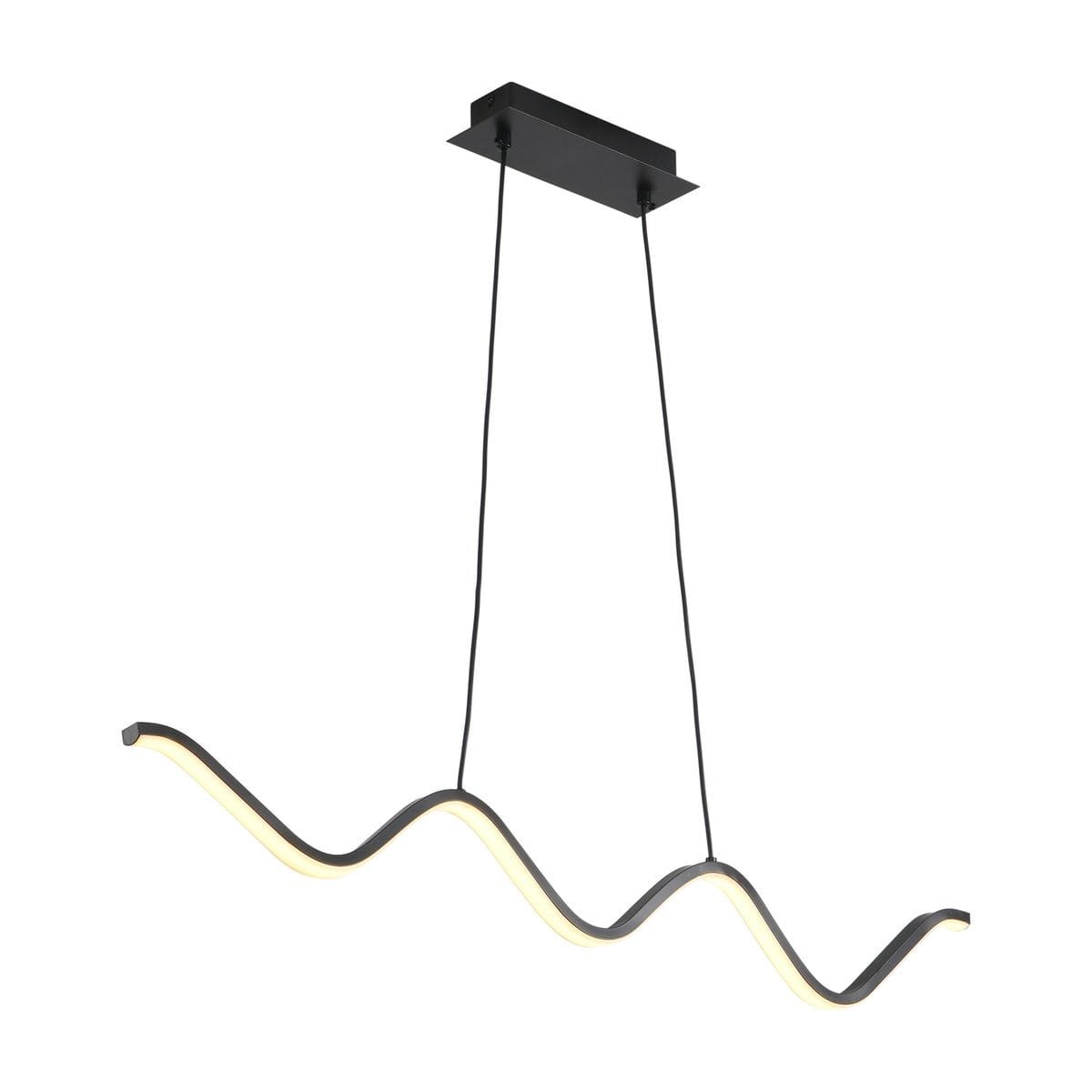 Czarna lampa wisząca LED Zigzag o mocy 13W, z falistym kształtem. Elementy świetlne w kolorze ciepłej bieli, zawieszona na dwóch cienkich linkach. Montaż sufitowy, nowoczesny design, idealna do wnętrz. Tło proste, białe.