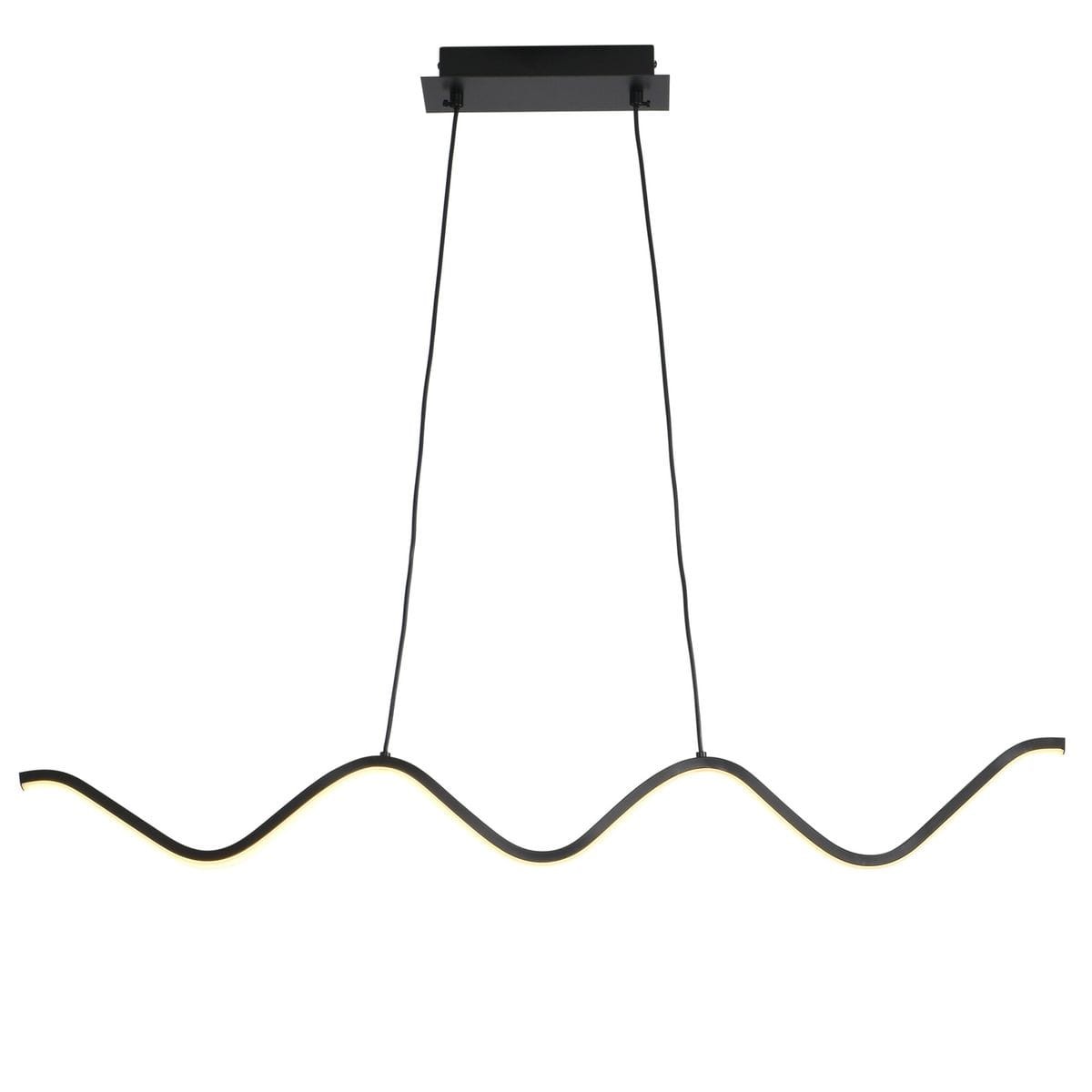 Czarna lampa wisząca LED Zigzag o mocy 13W z falistym kształtem. Zawieszona na czarnych linkach, z prostokątną podstawą sufitową. Wykończenie w kolorze czarnym z subtelnym podświetleniem wzdłuż krawędzi. Idealna do nowoczesnych wnętrz.