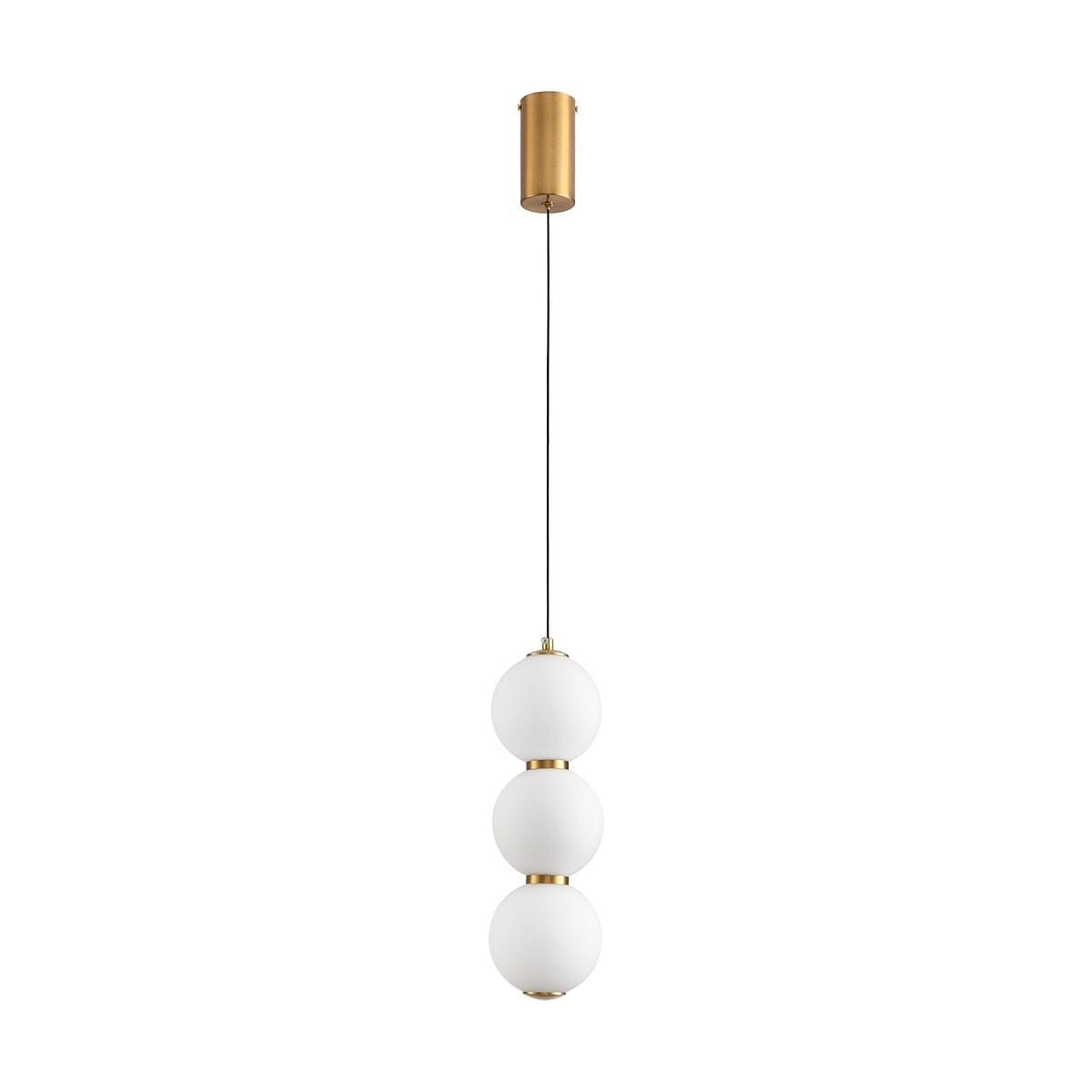 Lampa wisząca LED Perla w kolorze złotym, z trzema białymi kulami ze szkła. Górna część z metalowym kloszem w kolorze złotym, elegancki design. Oświetlenie o mocy 12W i temperaturze barwowej 3000K.