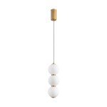 Lampa wisząca LED Perla w kolorze złotym, z trzema białymi kulami ze szkła. Górna część z metalowym kloszem w kolorze złotym, elegancki design. Oświetlenie o mocy 12W i temperaturze barwowej 3000K.