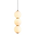 Lampa wisząca LED Perla z trzema okrągłymi kloszami z mlecznego szkła, zawieszona na czarnym przewodzie. Elementy metalowe w kolorze złotym. Temperatura barwowa 3000K, moc 12W. Prosta, nowoczesna forma.