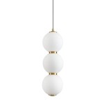 Lampa wisząca Perla LED o mocy 12W i barwie światła 3000K. Posiada trzy białe, matowe kule z metalowymi złotymi detalami, zawieszona na czarnym przewodzie. Kształt cylindryczny, nowoczesny design.