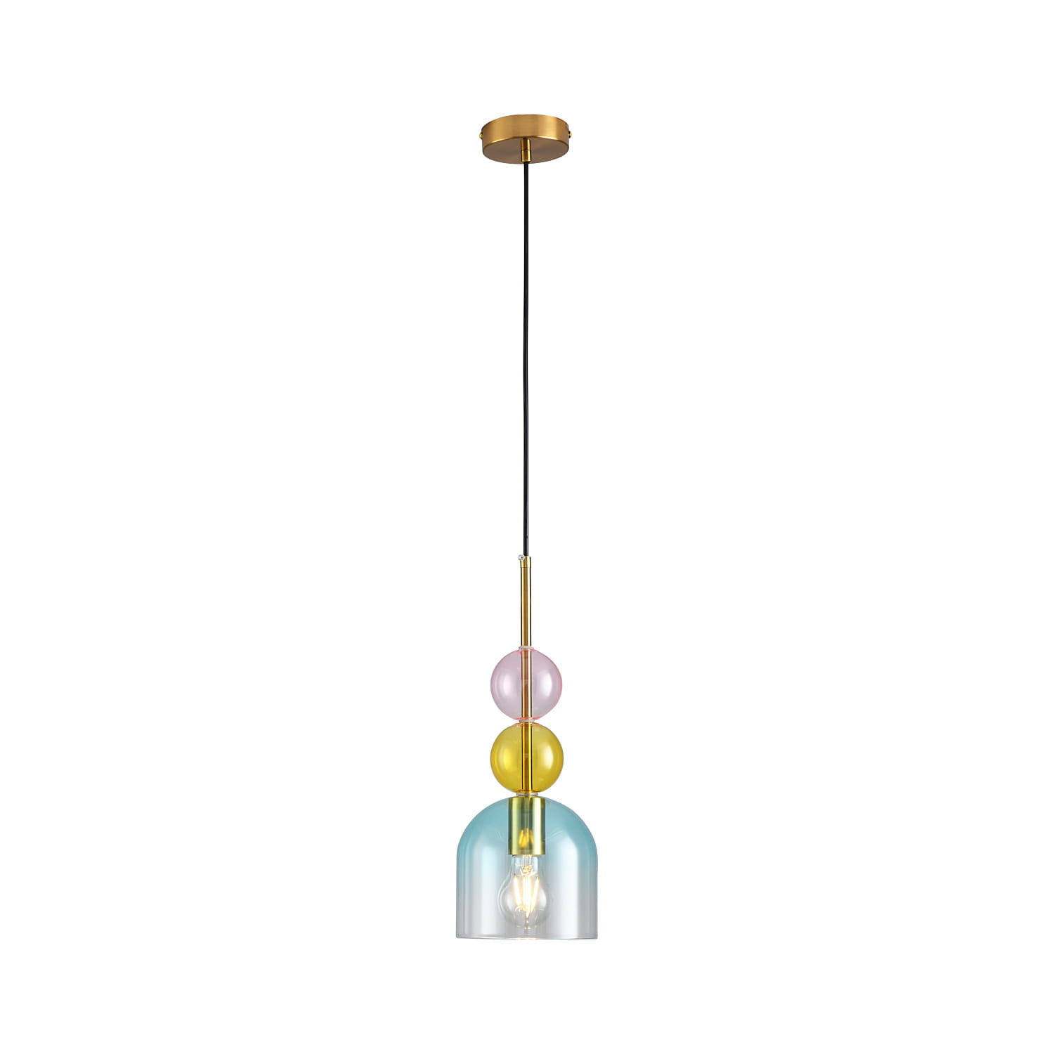 Lampa wisząca Pastello z jednym gniazdem E27, w kolorze złotym i niebieskim. Składa się z transparentnych kul w odcieniach różowym, żółtym i niebieskim oraz metalowego stelaża. Zawieszona na czarnym przewodzie, ma nowoczesny, minimalistyczny design.