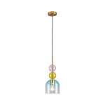 Lampa wisząca Pastello z jednym gniazdem E27, w kolorze złotym i niebieskim. Składa się z transparentnych kul w odcieniach różowym, żółtym i niebieskim oraz metalowego stelaża. Zawieszona na czarnym przewodzie, ma nowoczesny, minimalistyczny design.