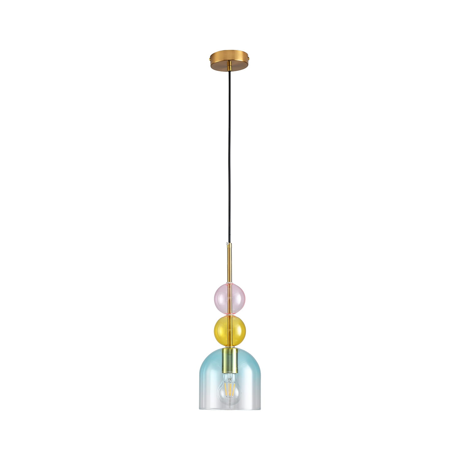 Lampa wisząca Pastello 1xE27 w kolorze złotym i niebieskim. Posiada szklany klosz w formie półkuli oraz trzy dekoracyjne kule: różową, żółtą i niebieską. Zawieszona na cienkim przewodzie, montowana sufitowo.