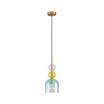 Lampa wisząca Pastello 1xE27 w kolorze złotym i niebieskim. Posiada szklany klosz w formie półkuli oraz trzy dekoracyjne kule: różową, żółtą i niebieską. Zawieszona na cienkim przewodzie, montowana sufitowo.