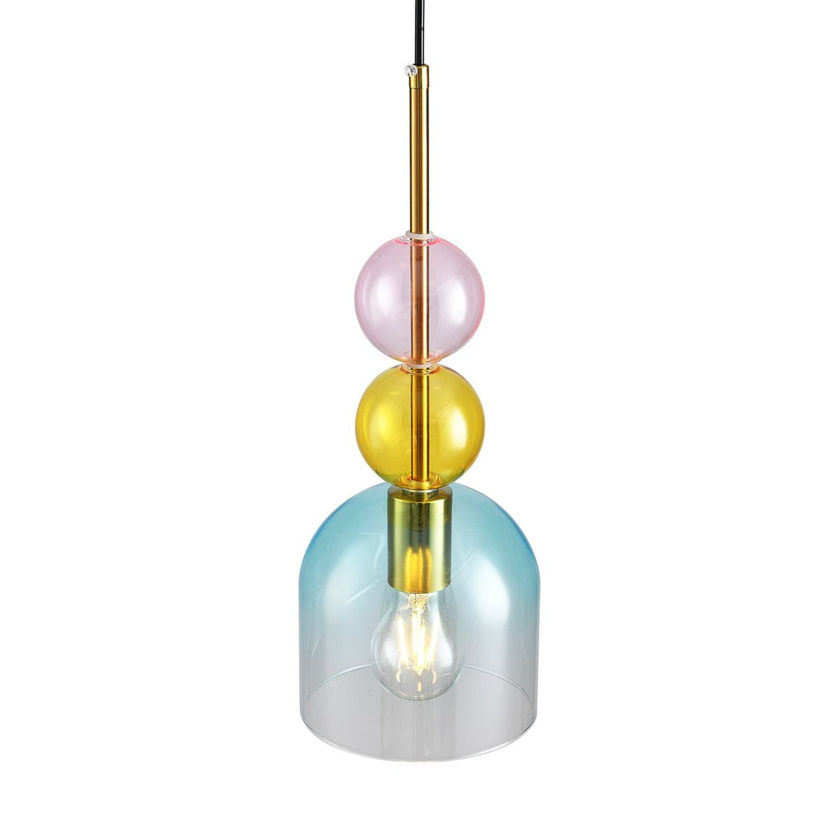 Lampa wisząca Pastello 1xE27 w kolorze złotym i niebieskim, z trzema kolorowymi kulami: różową, żółtą, i niebieską. Przezroczysta klosz w kształcie dzwonu. Ujęcie z góry, zawieszona na czarnym przewodzie.