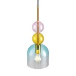 Lampa wisząca Pastello 1xE27 w kolorze złotym i niebieskim, z trzema kolorowymi kulami: różową, żółtą, i niebieską. Przezroczysta klosz w kształcie dzwonu. Ujęcie z góry, zawieszona na czarnym przewodzie.