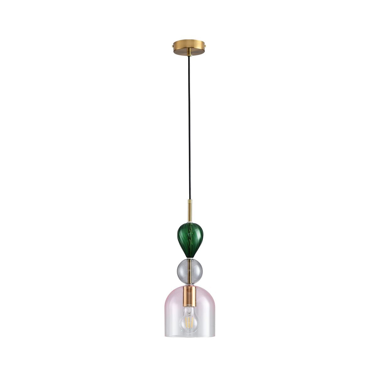 Lampa wisząca Pastello 1xE27 w kolorze złotym i różowym. Design z przezroczystym kloszem w kształcie dzwonu, ozdobiona zieloną i szarym elementem. Długa czarna linka mocująca, zawieszona z sufitu.