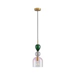Lampa wisząca Pastello 1xE27 w kolorze złotym i różowym. Design z przezroczystym kloszem w kształcie dzwonu, ozdobiona zieloną i szarym elementem. Długa czarna linka mocująca, zawieszona z sufitu.