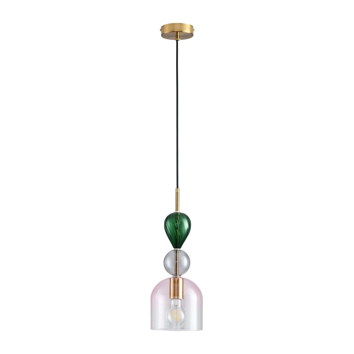 Lampa wisząca Pastello 1xE27 w kolorze złotym i różowym. Klosz składa się z trzech elementów: zielonego, szklanego wykończenia, przezroczystego i różowego. Zawieszona na czarnym kablu, z metalowym mocowaniem sufitowym.