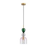 Lampa wisząca Pastello 1xE27 w kolorze złotym i różowym. Klosz składa się z trzech elementów: zielonego, szklanego wykończenia, przezroczystego i różowego. Zawieszona na czarnym kablu, z metalowym mocowaniem sufitowym.