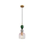 Lampa wisząca Pastello z jednym źródłem światła E27, w kolorze złotym i różowym. Posiada szklany klosz w kształcie dzwonu, z elementami w zielonym i przezroczystym kolorze, zawieszona na czarnym przewodzie. Montaż sufitowy.