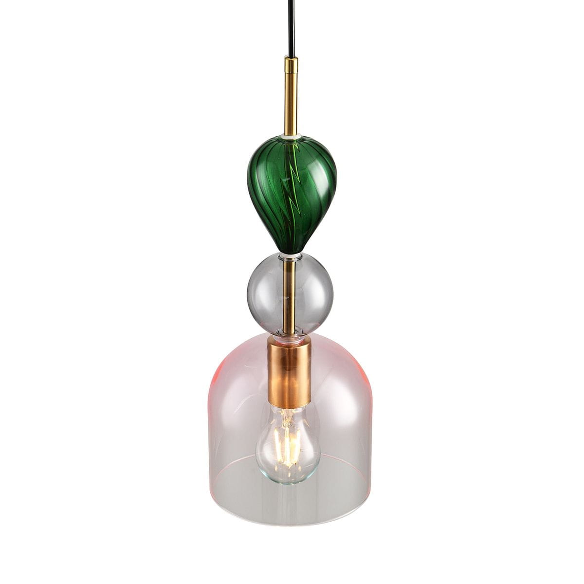 Lampa wisząca Pastello 1xE27 w kolorze złotym i różowym. Składa się z trzech elementów: zielonego klosza w kształcie liścia, przezroczystej kuli oraz różowego, szklano-metalowego klosza. Produkt zawieszony na czarnym przewodzie, z widoczną żarówką.
