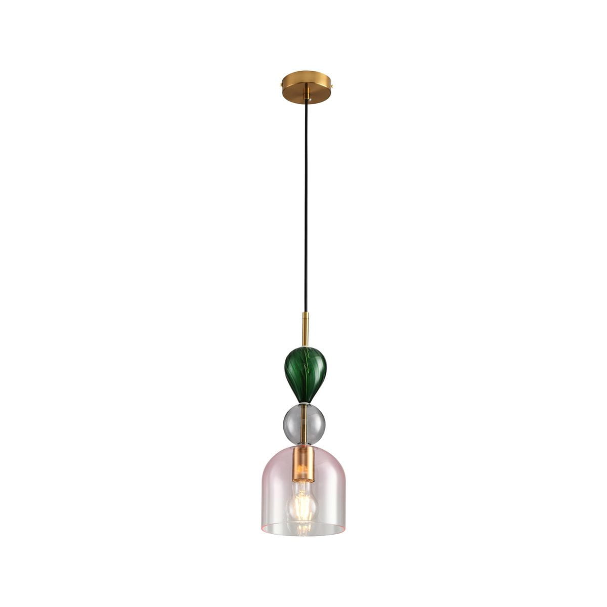 Lampa wisząca Pastello 1xE27 w kolorze złotym i różowym. Szklany klosz w kształcie dzwonu z różowym wykończeniem, ozdobiona zielonym i szarym elementem. Zawieszona na czarnym przewodzie, z metalowym mocowaniem sufitowym.