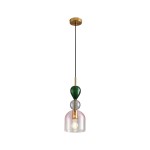 Lampa wisząca Pastello 1xE27 w kolorze złotym i różowym. Szklany klosz w kształcie dzwonu z różowym wykończeniem, ozdobiona zielonym i szarym elementem. Zawieszona na czarnym przewodzie, z metalowym mocowaniem sufitowym.