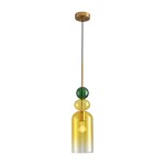 Lampa wisząca Pastello 1xE27 w odcieniach złota i żółtego, z przezroczystym kloszem oraz zielonymi i żółtymi kulami dekoracyjnymi. Ujęcie frontalne, produkt zwisający z sufitu na czarnym kablu. Idealna do nowoczesnych wnętrz.